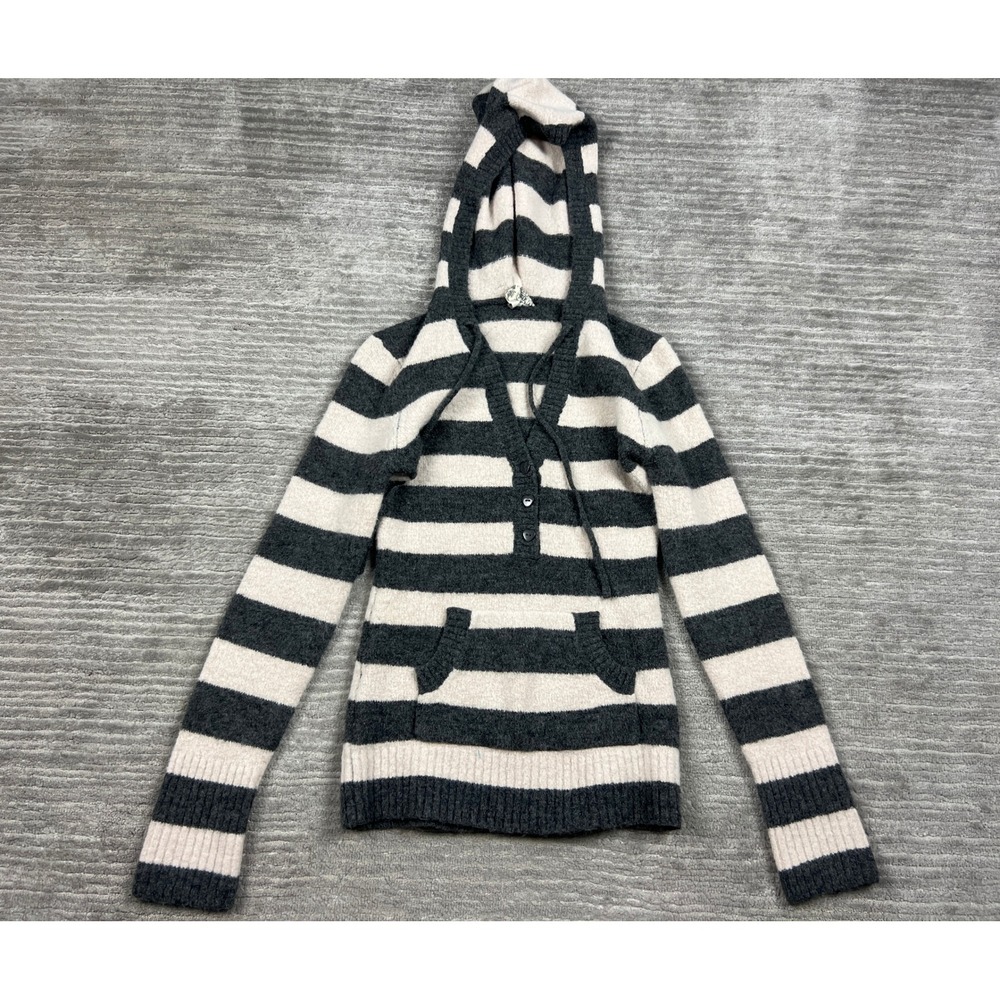 Love Hoodie Sweater Womens Large Grey Cream Striped Heart Button Pocket Knit